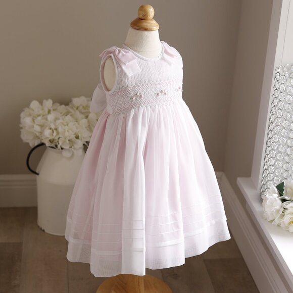 White Smocked Dress Pearls Pink Trim Flower Girl Special Occasion Size 2T LOVELY - Picture 3 of 7